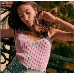 Sezane Ania Knit Sweater Tank Embroidered Lilac Sea Green Cotton